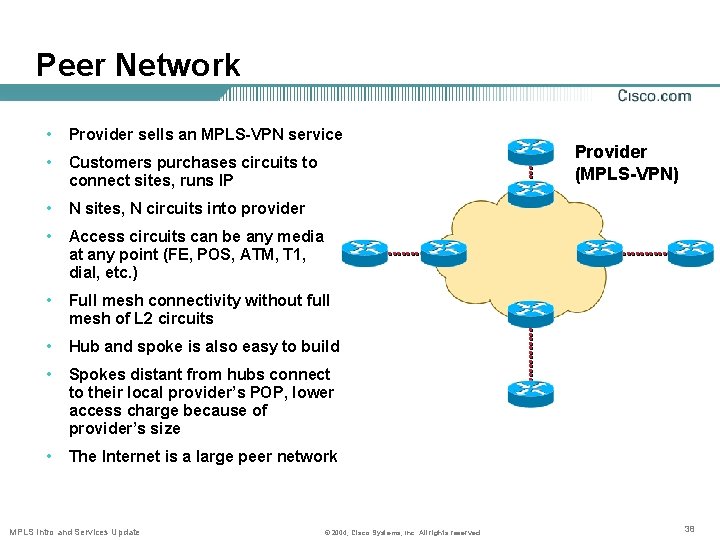 Peer Network • Provider sells an MPLS-VPN service • Customers purchases circuits to connect