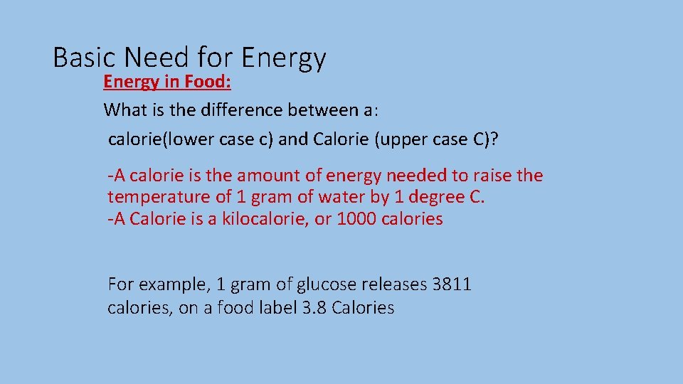 Basic Need for Energy in Food: What is the difference between a: calorie(lower case