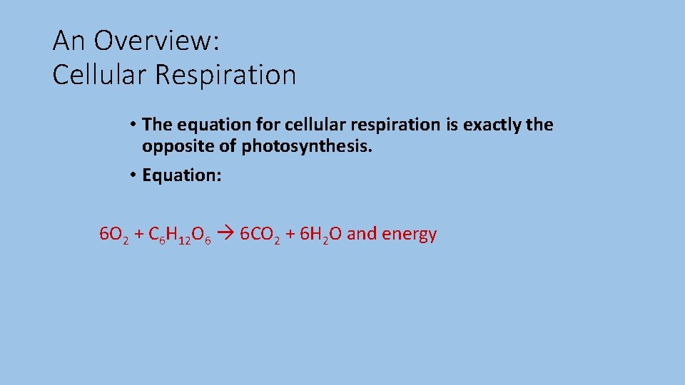 An Overview: Cellular Respiration • The equation for cellular respiration is exactly the opposite