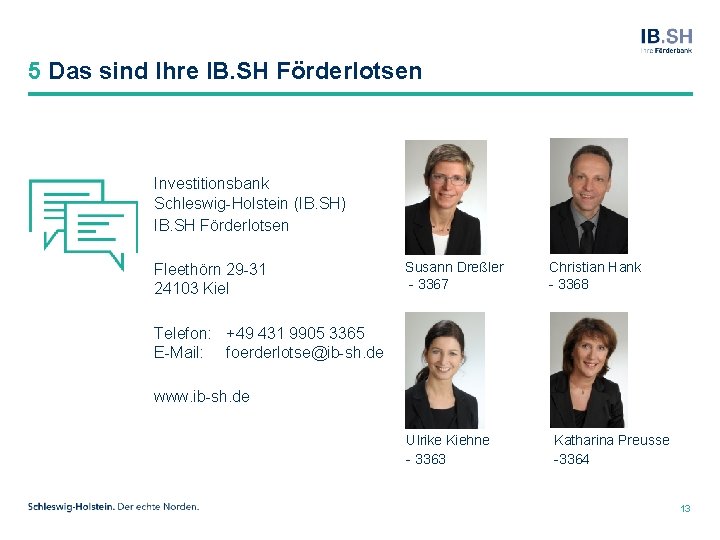 5 Das sind Ihre IB. SH Förderlotsen Investitionsbank Schleswig-Holstein (IB. SH) IB. SH Förderlotsen