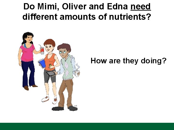 Do Mimi, Oliver and Edna need different amounts of nutrients? How are they doing?