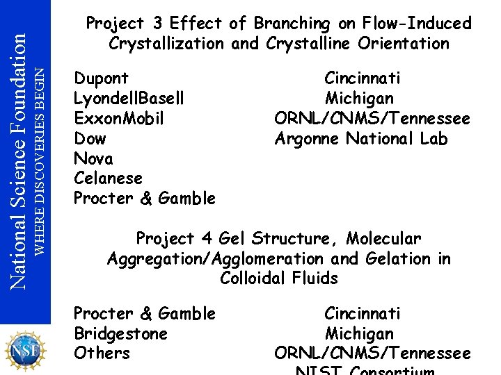 WHERE DISCOVERIES BEGIN National Science Foundation Project 3 Effect of Branching on Flow-Induced Crystallization
