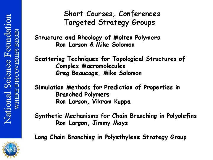WHERE DISCOVERIES BEGIN National Science Foundation Short Courses, Conferences Targeted Strategy Groups Structure and