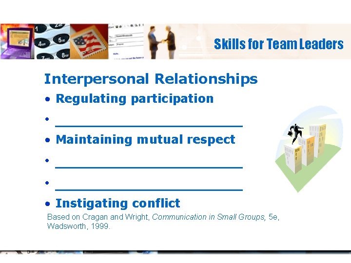 Skills for Team Leaders Interpersonal Relationships • Regulating participation • ____________ • Maintaining mutual