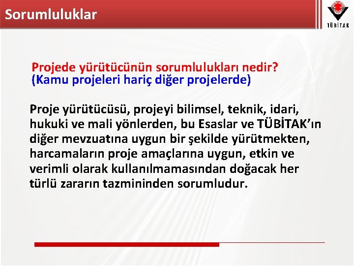 Sorumluluklar Projede yürütücünün sorumlulukları nedir? (Kamu projeleri hariç diğer projelerde) Proje yürütücüsü, projeyi bilimsel,