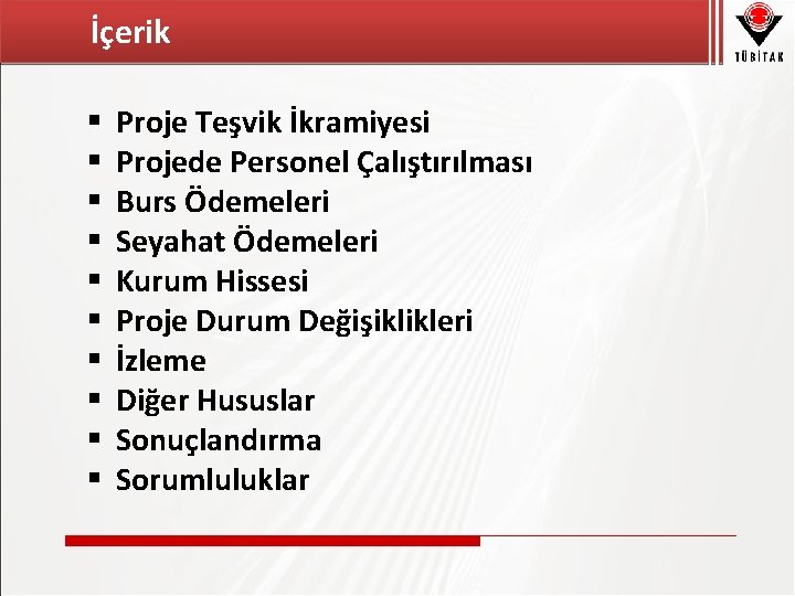 İçerik § § § § § Proje Teşvik İkramiyesi Projede Personel Çalıştırılması Burs Ödemeleri