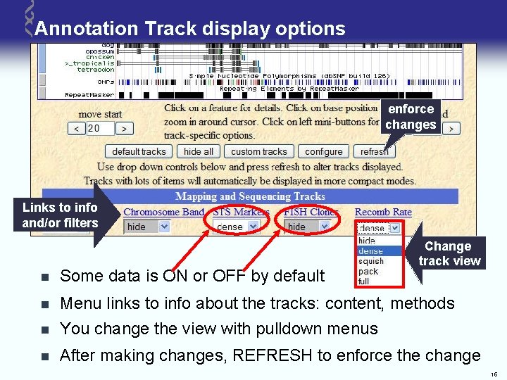 Annotation Track display options enforce changes Links to info and/or filters Change track view