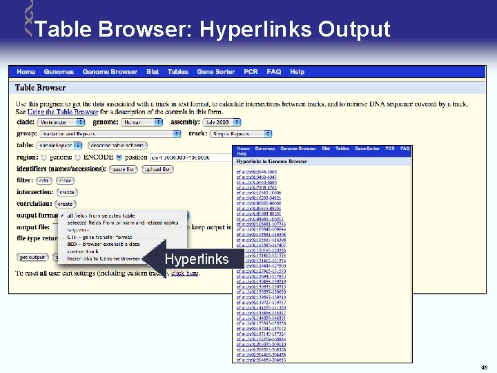 Table Browser: Hyperlinks Output Hyperlinks 46 