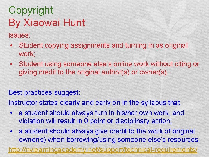 Copyright By Xiaowei Hunt Issues: • Student copying assignments and turning in as original