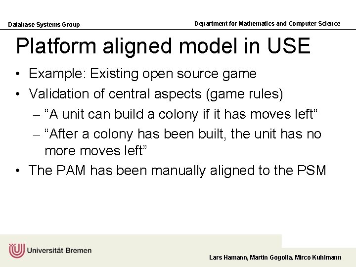 Database Systems Group Department for Mathematics and Computer Science Platform aligned model in USE