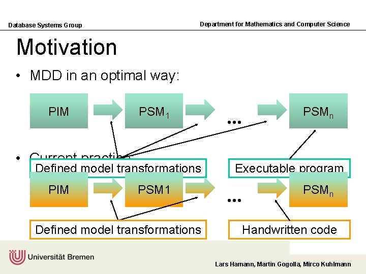 Department for Mathematics and Computer Science Database Systems Group Motivation • MDD in an