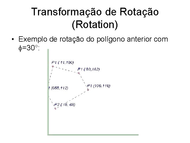 Transformação de Rotação (Rotation) • Exemplo de rotação do polígono anterior com =30°: 