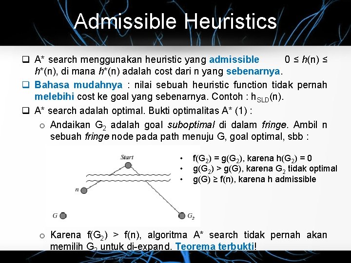 Admissible Heuristics q A* search menggunakan heuristic yang admissible 0 ≤ h(n) ≤ h*(n),