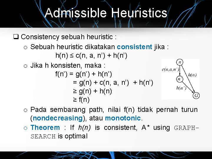 Admissible Heuristics q Consistency sebuah heuristic : o Sebuah heuristic dikatakan consistent jika :
