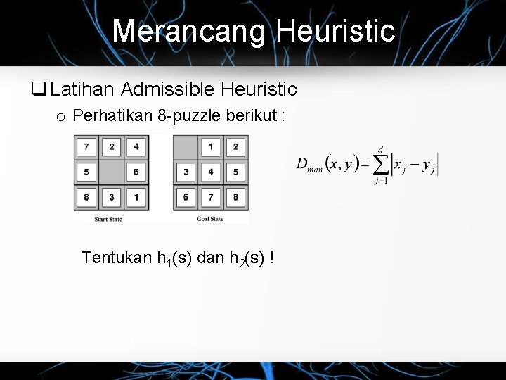 Merancang Heuristic q Latihan Admissible Heuristic o Perhatikan 8 -puzzle berikut : Tentukan h