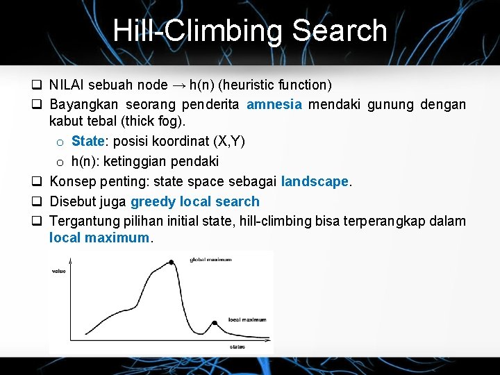 Hill-Climbing Search q NILAI sebuah node → h(n) (heuristic function) q Bayangkan seorang penderita
