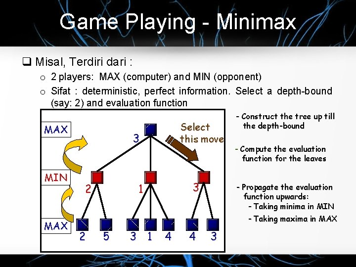 Game Playing - Minimax q Misal, Terdiri dari : o 2 players: MAX (computer)