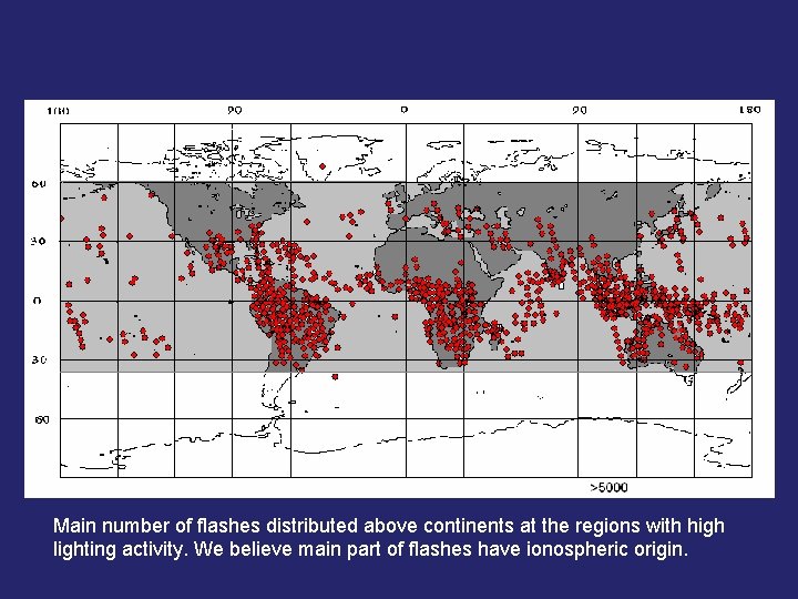 Main number of flashes distributed above continents at the regions with high lighting activity.