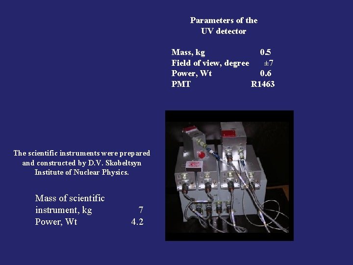 Parameters of the UV detector Mass, kg 0. 5 Field of view, degree ±