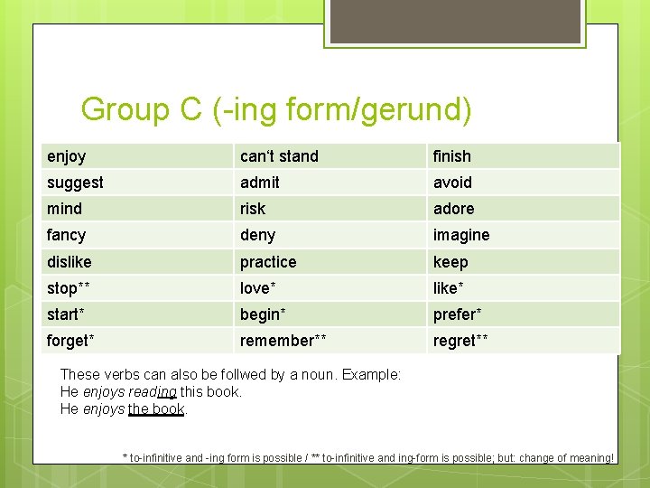 Group C (-ing form/gerund) enjoy can‘t stand finish suggest admit avoid mind risk adore