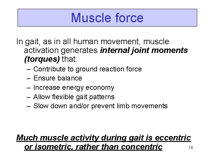 Muscle force In gait, as in all human movement, muscle activation generates internal joint