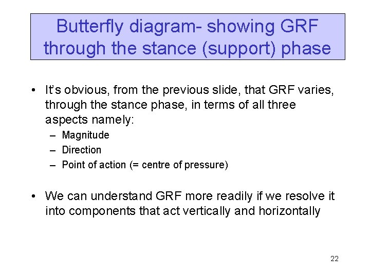 Butterfly diagram- showing GRF through the stance (support) phase • It’s obvious, from the