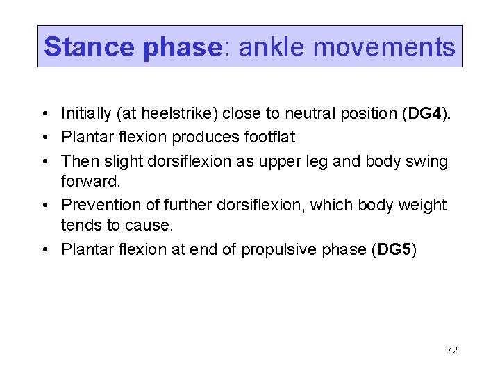Stance phase: ankle movements • Initially (at heelstrike) close to neutral position (DG 4).