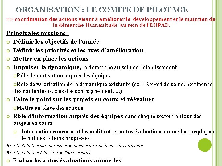 ORGANISATION : LE COMITE DE PILOTAGE => coordination des actions visant à améliorer le