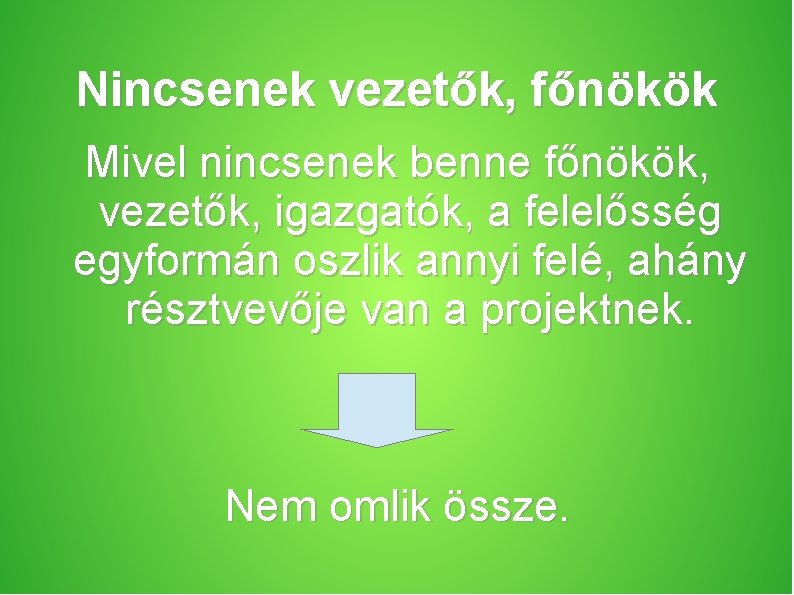 Nincsenek vezetők, főnökök Mivel nincsenek benne főnökök, vezetők, igazgatók, a felelősség egyformán oszlik annyi