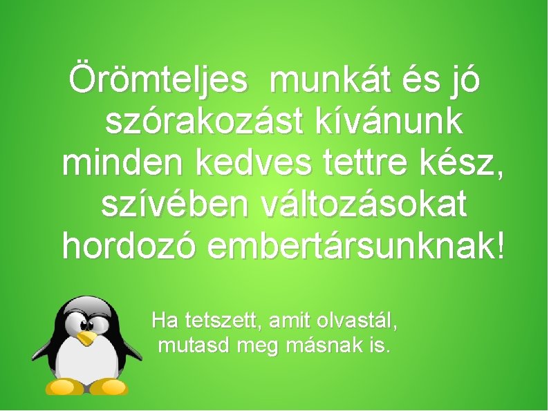 Örömteljes munkát és jó szórakozást kívánunk minden kedves tettre kész, szívében változásokat hordozó embertársunknak!