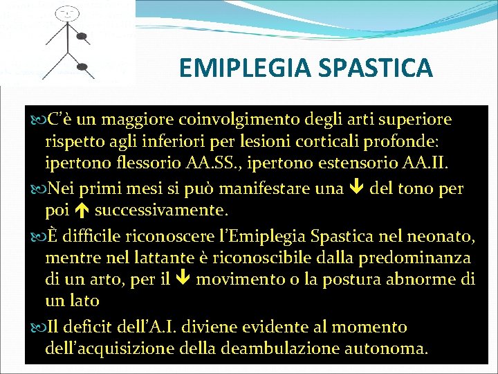 EMIPLEGIA SPASTICA C’è un maggiore coinvolgimento degli arti superiore rispetto agli inferiori per lesioni