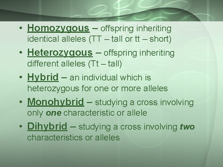 • Homozygous – offspring inheriting identical alleles (TT – tall or tt –