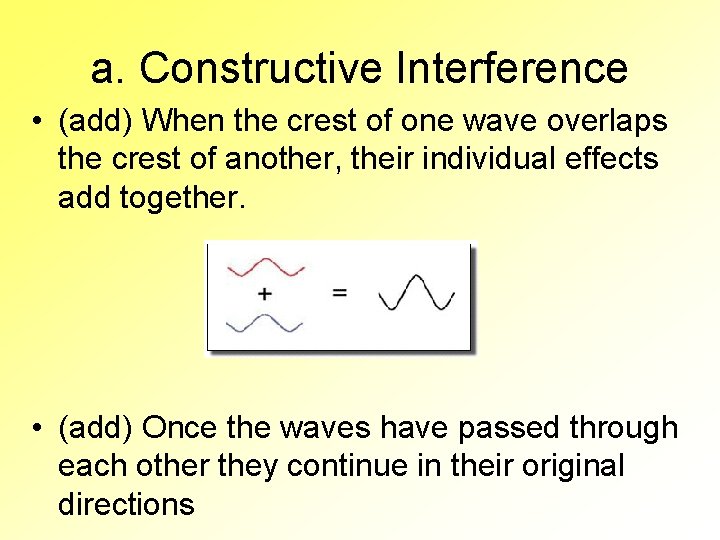 a. Constructive Interference • (add) When the crest of one wave overlaps the crest