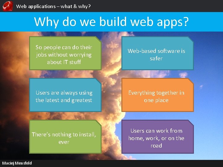 Web applications – what & why? Why do we build web apps? Maciej Mensfeld