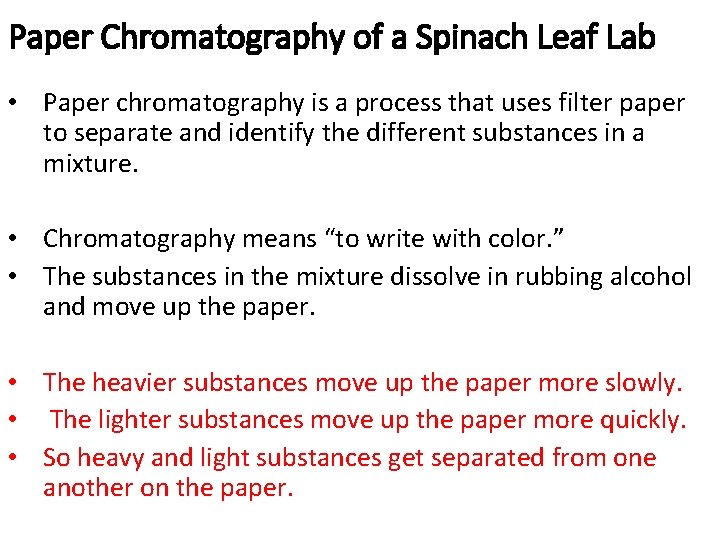 Paper Chromatography of a Spinach Leaf Lab • Paper chromatography is a process that