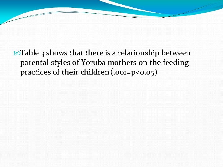  Table 3 shows that there is a relationship between parental styles of Yoruba