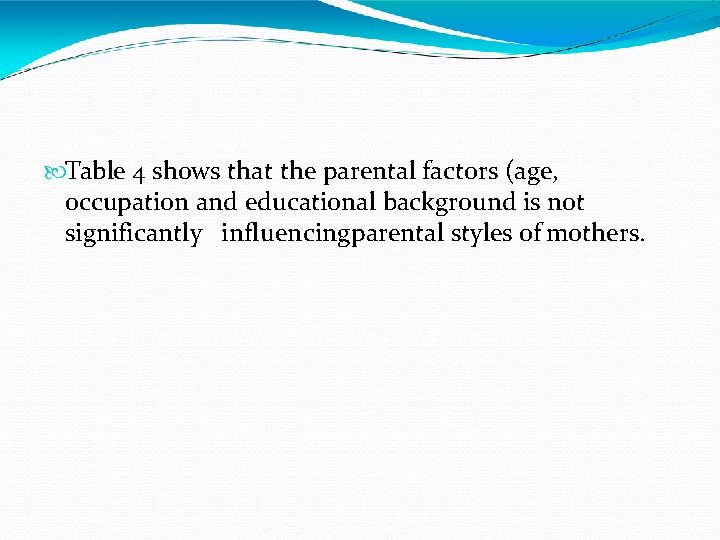  Table 4 shows that the parental factors (age, occupation and educational background is