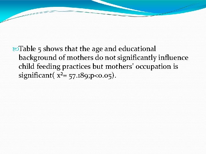  Table 5 shows that the age and educational background of mothers do not