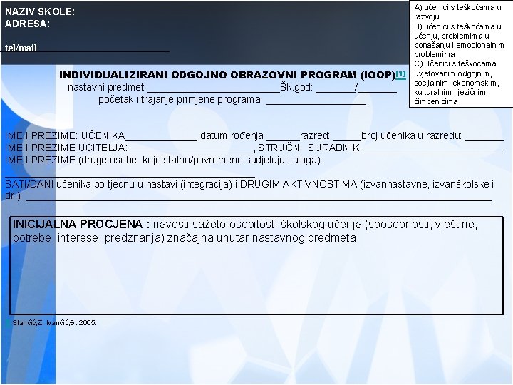 NAZIV ŠKOLE: ADRESA: tel/mail INDIVIDUALIZIRANI ODGOJNO OBRAZOVNI PROGRAM (IOOP)[1] nastavni predmet: ____________Šk. god: _______/_______