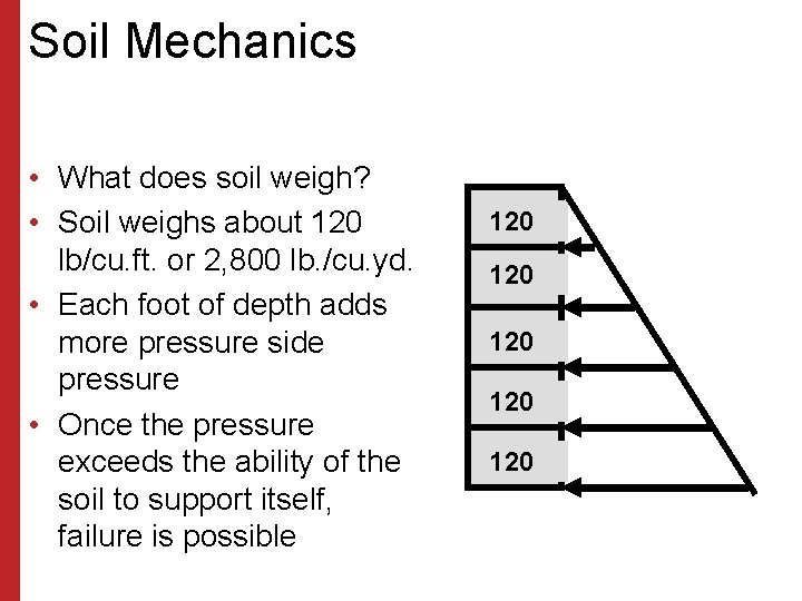 Soil Mechanics • What does soil weigh? • Soil weighs about 120 lb/cu. ft.