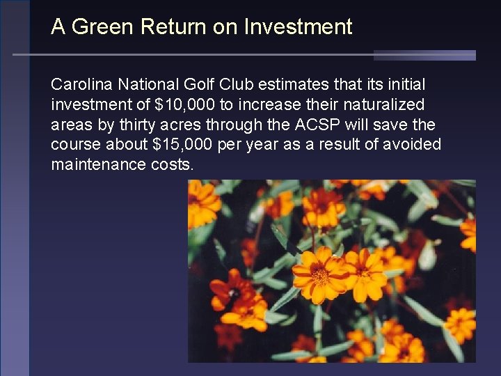 A Green Return on Investment Carolina National Golf Club estimates that its initial investment