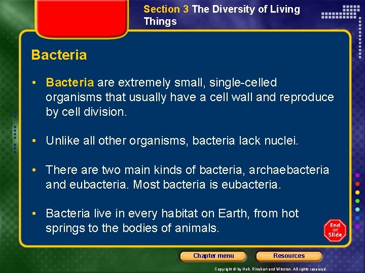 Section 3 The Diversity of Living Things Bacteria • Bacteria are extremely small, single-celled