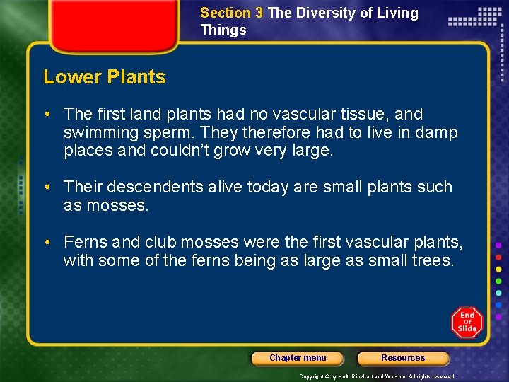 Section 3 The Diversity of Living Things Lower Plants • The first land plants