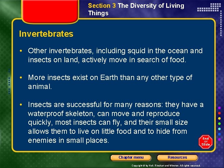 Section 3 The Diversity of Living Things Invertebrates • Other invertebrates, including squid in