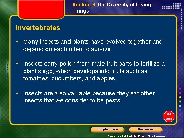 Section 3 The Diversity of Living Things Invertebrates • Many insects and plants have