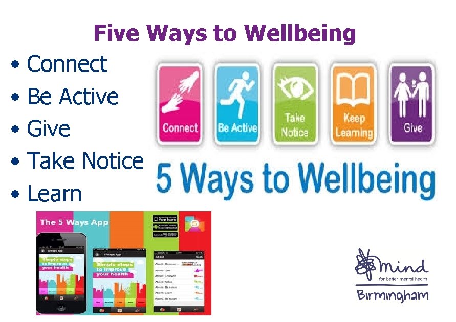 Five Ways to Wellbeing • Connect • Be Active • Give • Take Notice