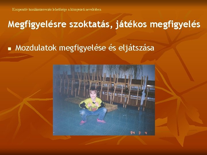 Kooperatív tanulásszervezés lehetősége a környezeti nevelésben Megfigyelésre szoktatás, játékos megfigyelés n Mozdulatok megfigyelése és