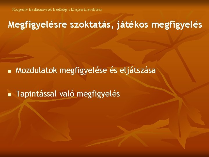 Kooperatív tanulásszervezés lehetősége a környezeti nevelésben Megfigyelésre szoktatás, játékos megfigyelés n Mozdulatok megfigyelése és