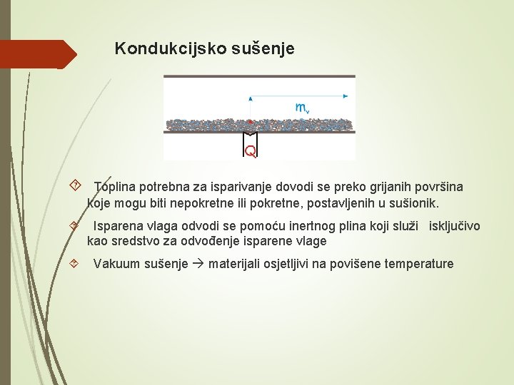 Kondukcijsko sušenje Toplina potrebna za isparivanje dovodi se preko grijanih površina koje mogu biti