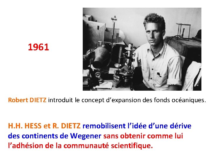 1961 Robert DIETZ introduit le concept d’expansion des fonds océaniques. H. H. HESS et